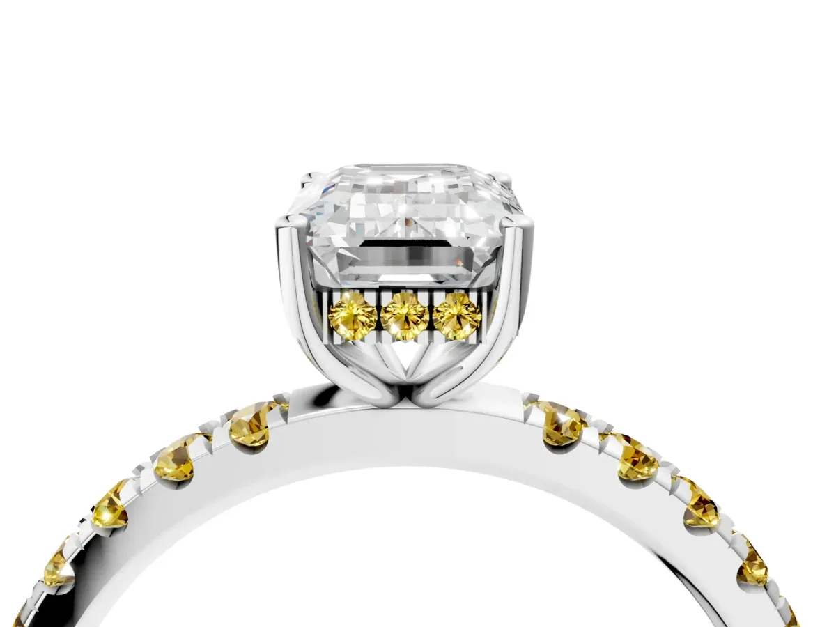 Emerald Cut Diamond Pave Band Solitaire Ring with Round Yellow Sapphire and Prong Setting Silver