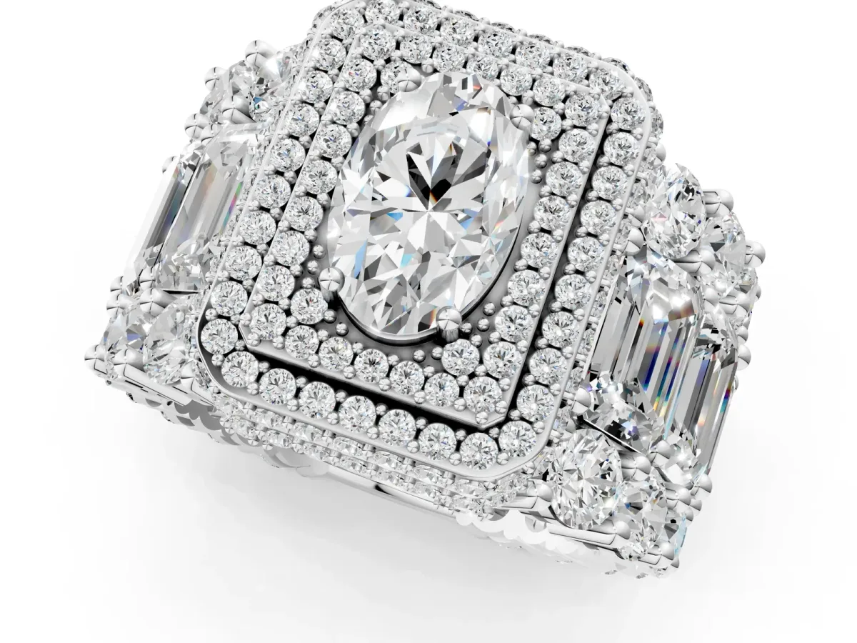 Oval Diamond Halo Mens Ring with Baguette Side Stones Silver