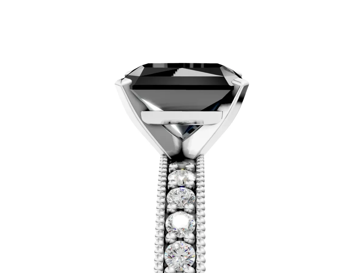 Fancy Black Radiant Cut Diamond Milgrain Pavé Engagement Ring with Four-Prong Setting Platinum