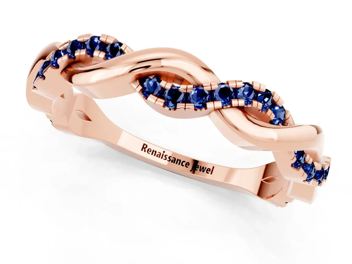 Round Blue Sapphire Twist Eternity Band with Pavé Setting Rose gold