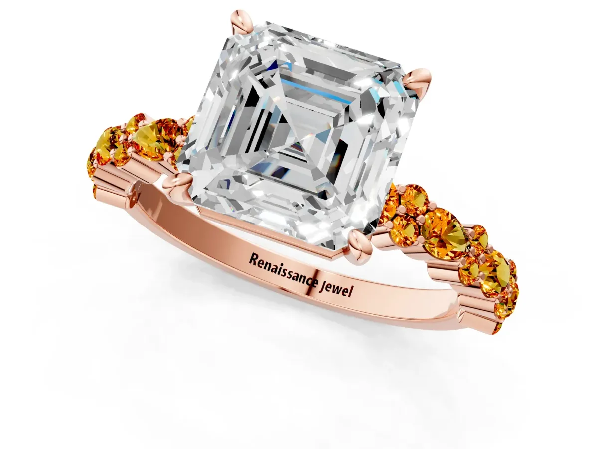 Asscher Cut Diamond Side Stone Solitaire Ring with Round Citrine and Four-Prong Setting Rose gold