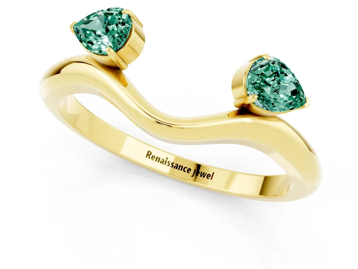 Pear Cut Green Sapphire Two-Stone Open Band Ring with Prong Setting Yellow gold