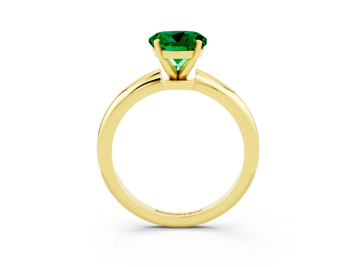 Round Cut Emerald Solitaire Ring with Six-Prong Setting and Classic Band Yellow gold