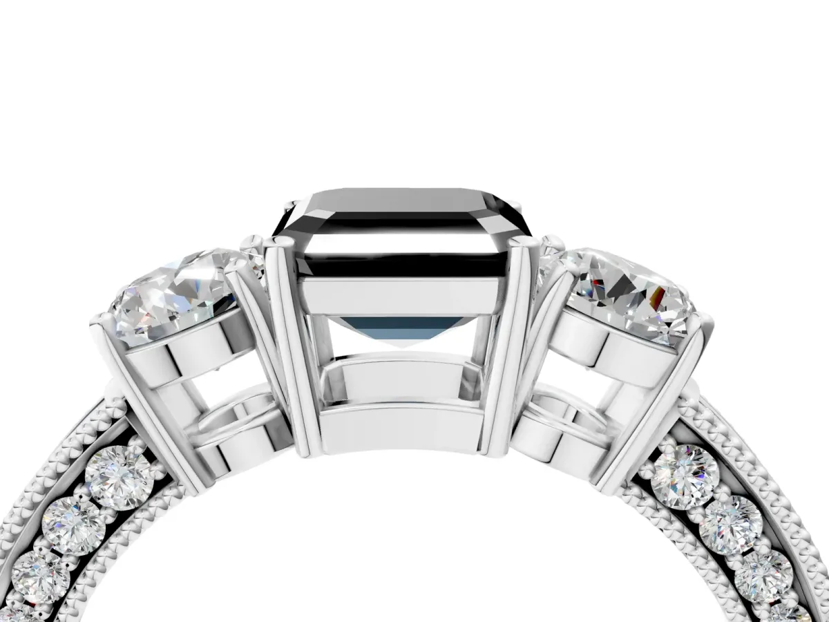 Fancy Black Asscher Cut Three-Stone Diamond Ring with Pavé Band and Four-Prong Setting Platinum