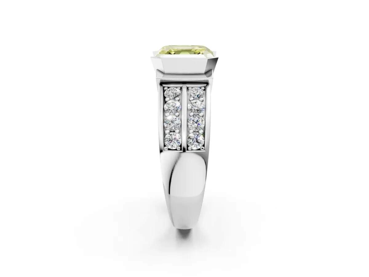 Fancy Yellow Asscher Cut Brilliant Diamond Channel Set Wide Band Ring with Bezel Setting Platinum