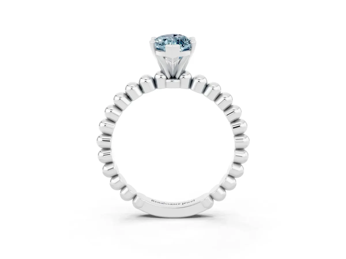 Marquise Cut Aquamarine Solitaire Ring with Beaded Band and Prong Setting Silver
