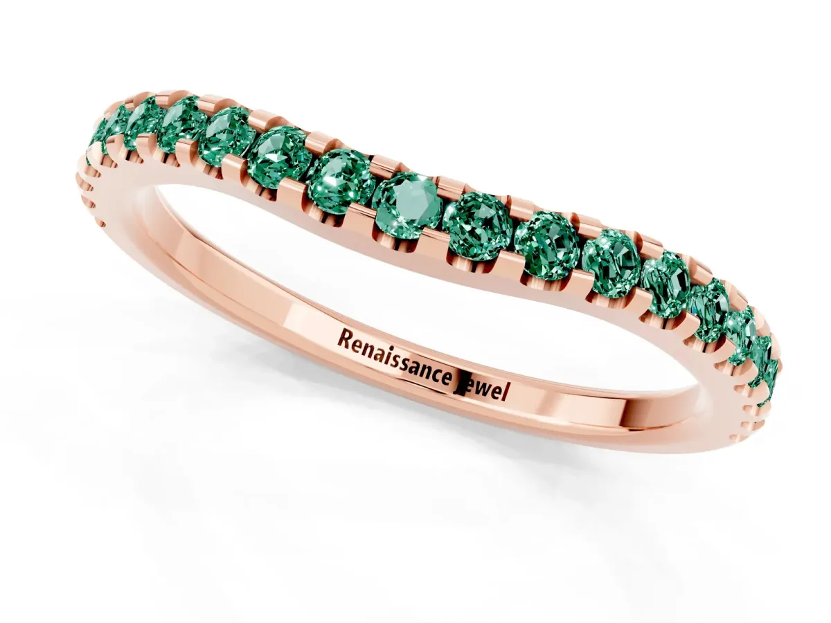 Round Green Sapphire Pavé Curved Wedding Band Rose gold