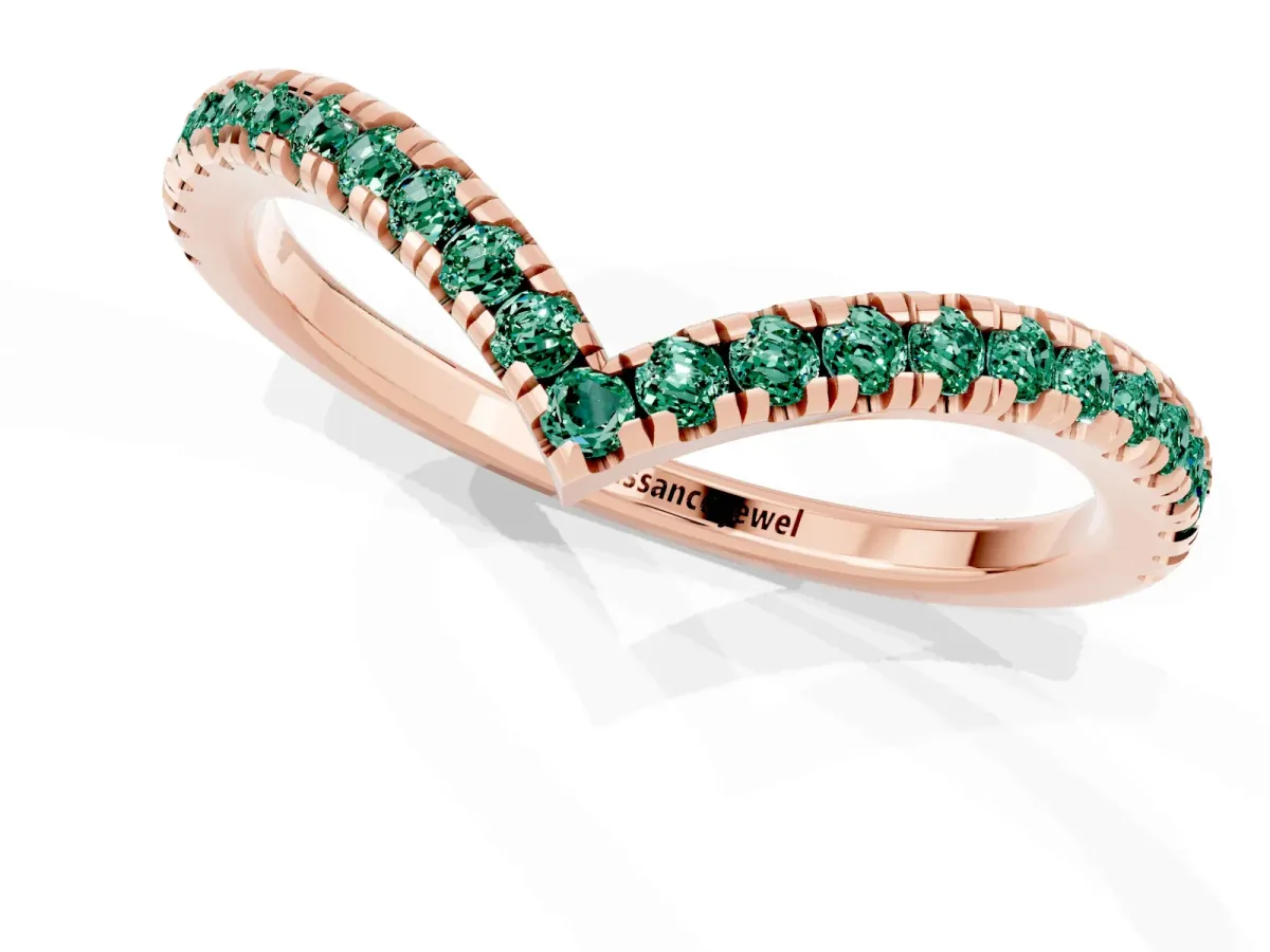 Pavé Round Green Sapphire V-Shaped Chevron Band with Shared Prong Setting Rose gold
