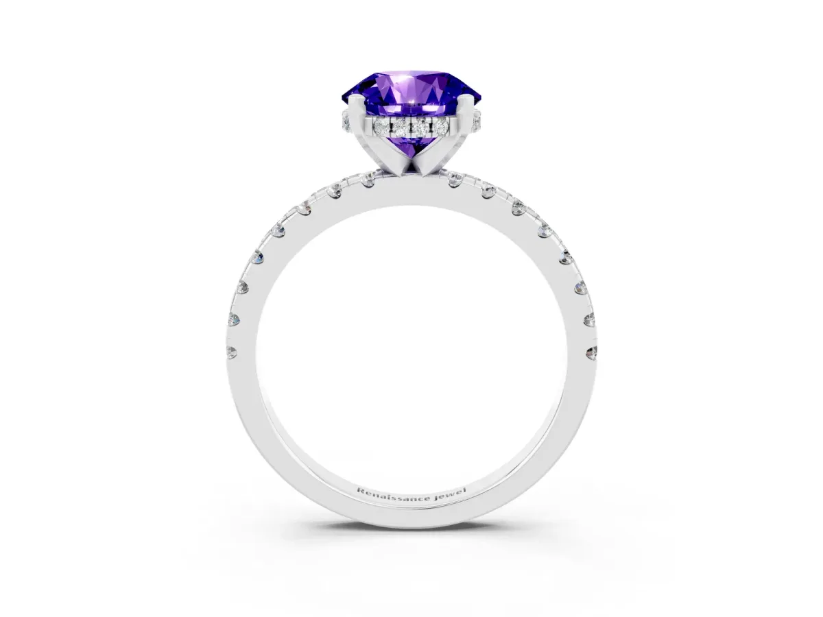 Round Cut Tanzanite Solitaire Ring with Round Pavé Band and Four-Prong Setting Silver
