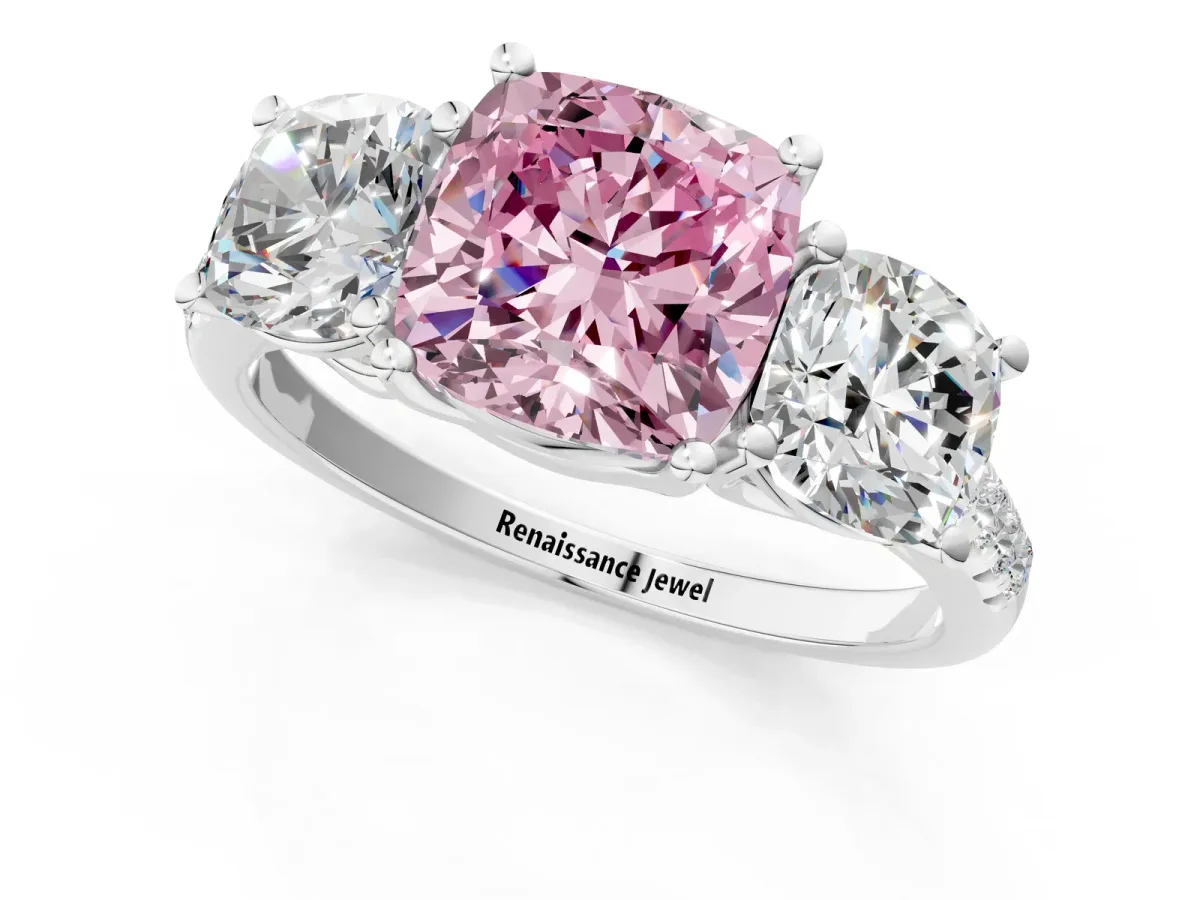 Fancy Pink Three-Stone Cushion Cut Diamond Ring with Round Pavé Band and Prong Setting Silver