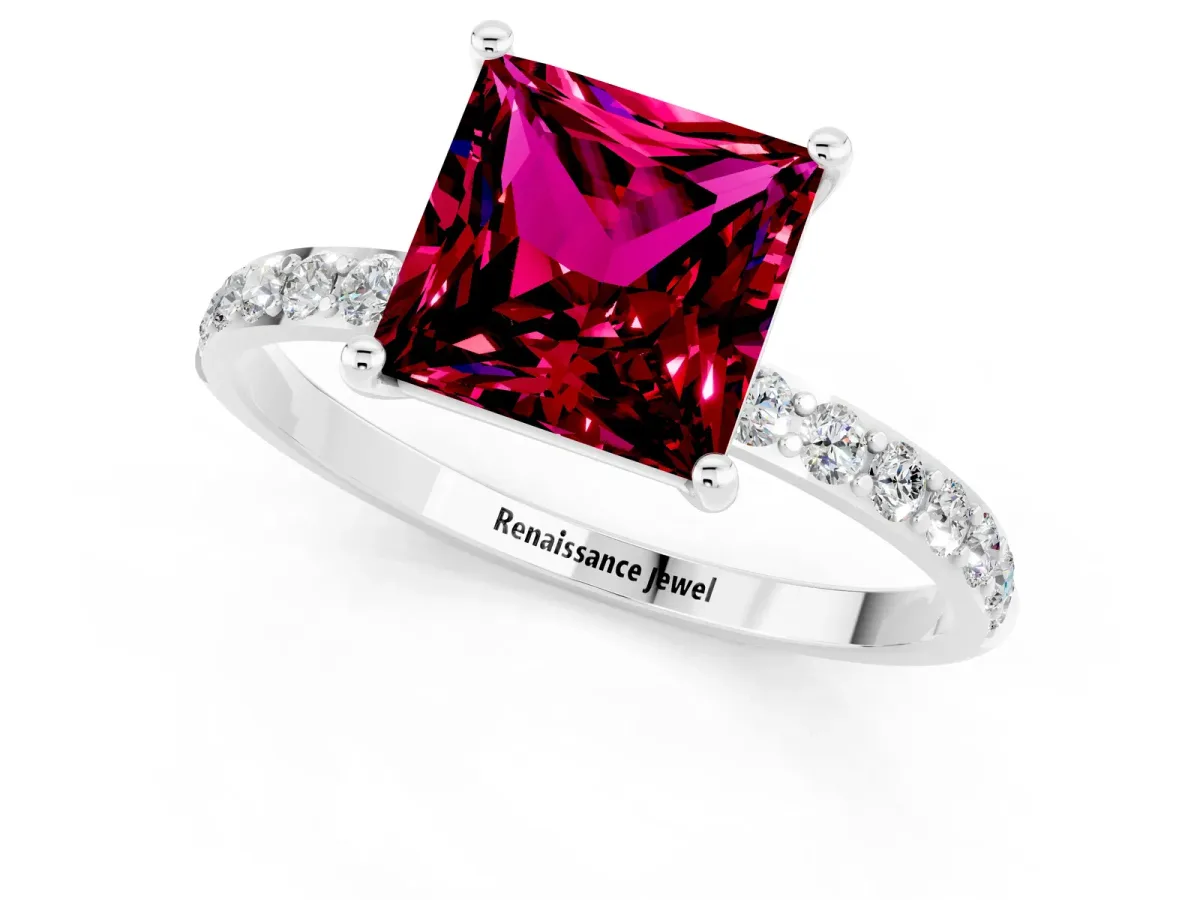Princess Cut Garnet Solitaire Ring with Round Pavé Band and Prong Setting Silver