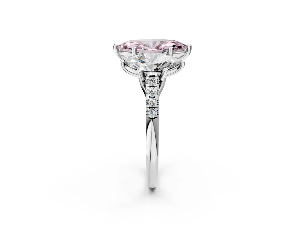 Fancy Pink Three-Stone Marquise Cut Diamond Ring with Round Pavé Band and Prong Setting Silver
