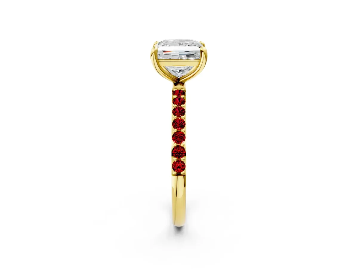Princess Cut Diamond Solitaire Ring with Round Ruby Pavé Band and Prong Setting Yellow gold