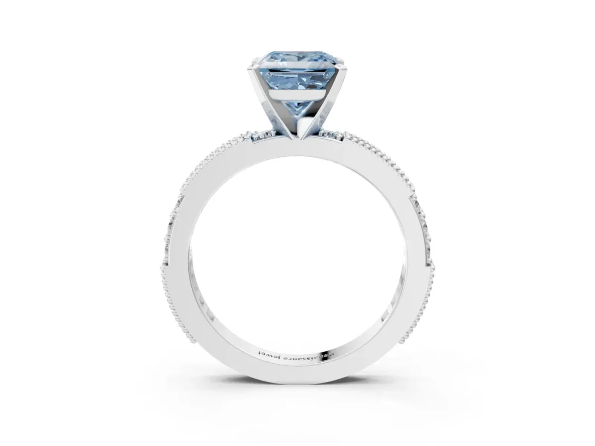 Fancy Blue Princess Cut Solitaire with Pavé Band and Four-Prong Setting Silver