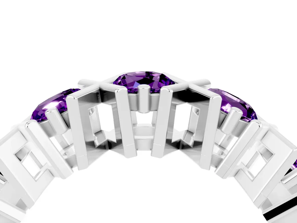Round Amethyst Channel Set Band with X-Prong Detail Silver