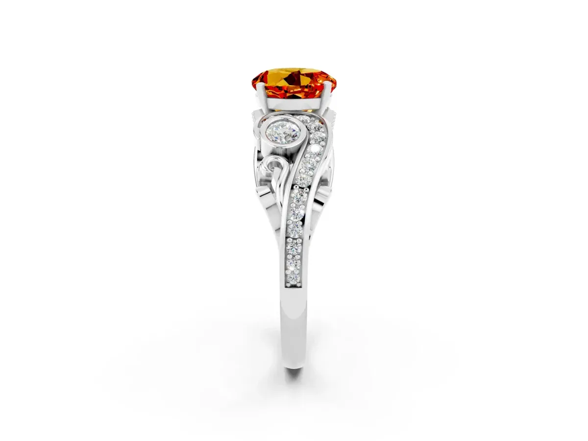 Round Cut Citrine Solitaire Ring with Milgrain Pavé Band and Four-Prong Setting Silver