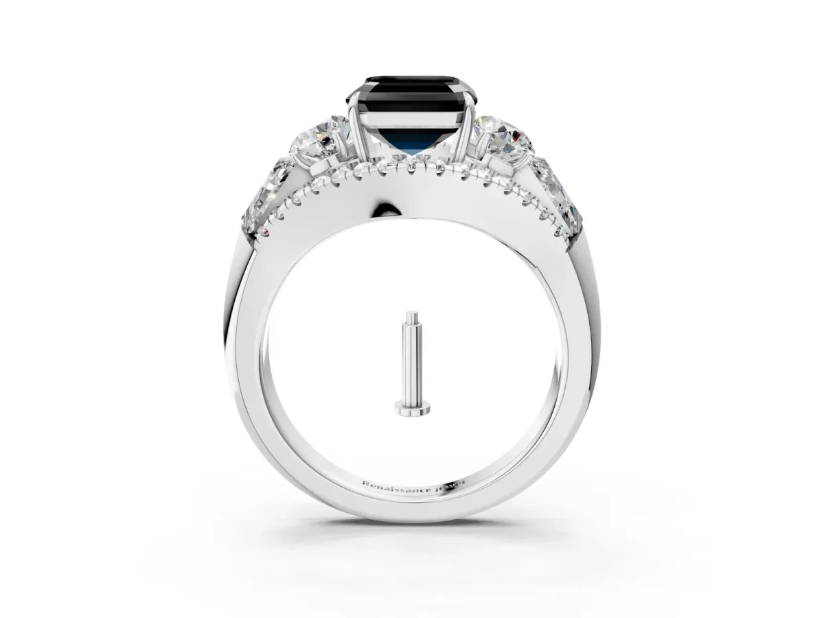 Fancy Black Three-Stone Asscher Cut Diamond Engagement Ring with Pave Band and Prong Setting Platinum