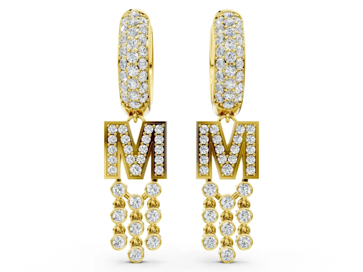 Round Diamond Initial M Huggie Hoop Earrings Yellow gold