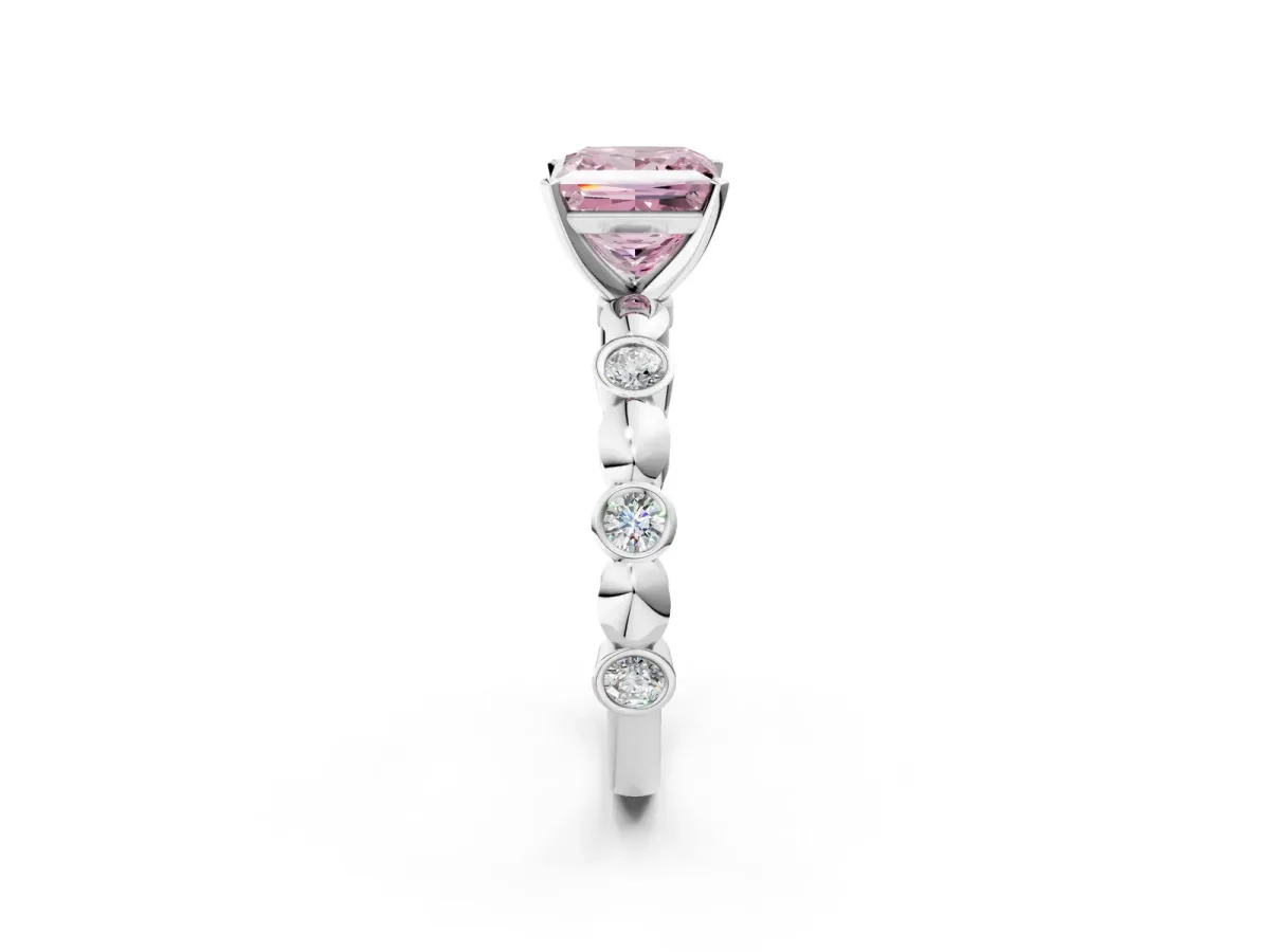 Fancy Pink Princess Cut Solitaire Bezel-Set Diamond Ring with Beaded Band and Four-Prong Setting Silver