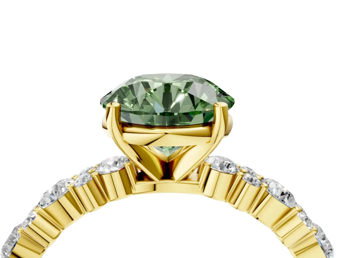 Fancy Green Round Cut Diamond Side Stone Solitaire Ring with Round and Four-Prong Setting Yellow gold