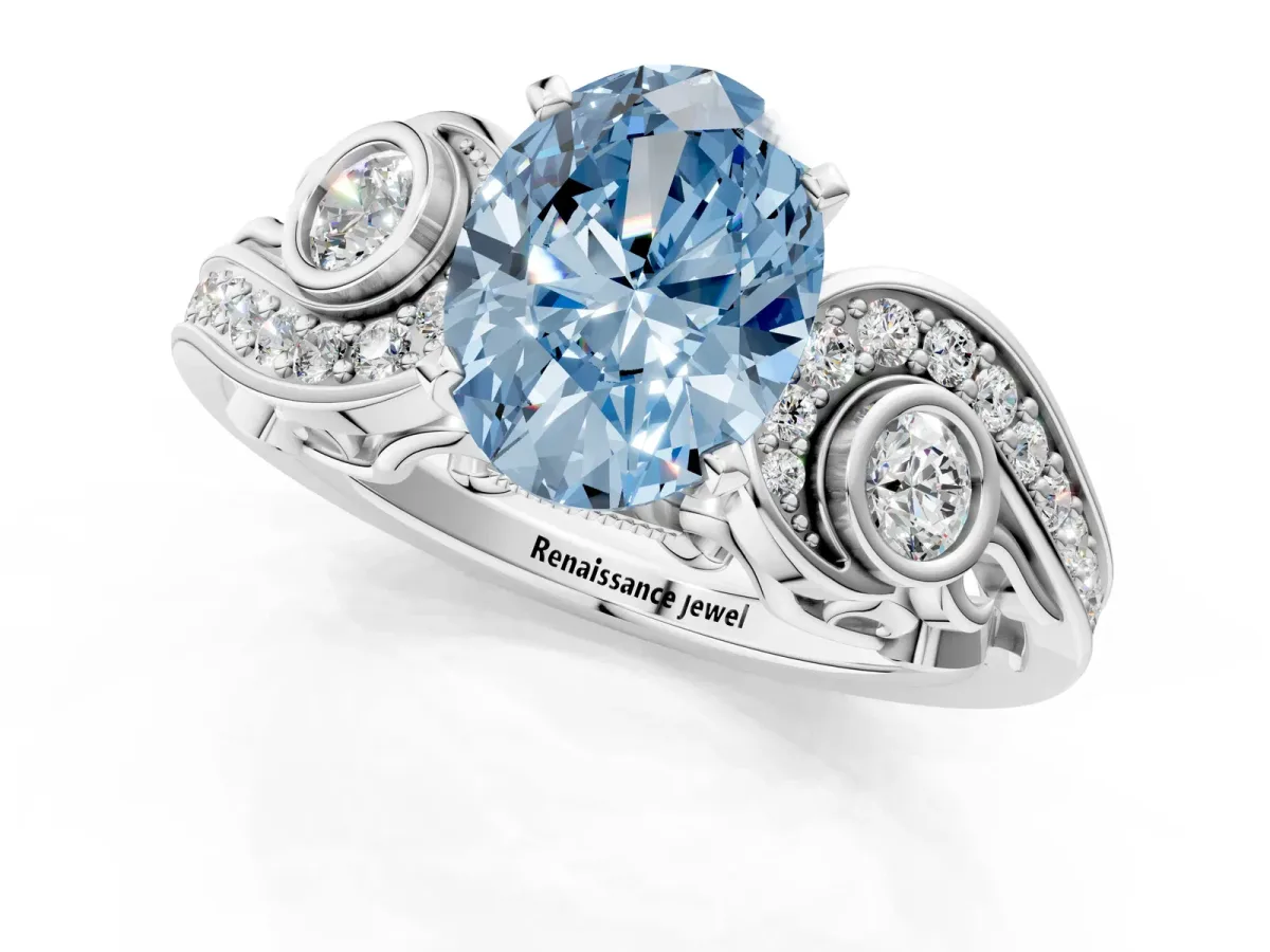 Fancy Blue Oval Cut Diamond Solitaire Ring with Milgrain Pavé Band and Four-Prong Setting Platinum