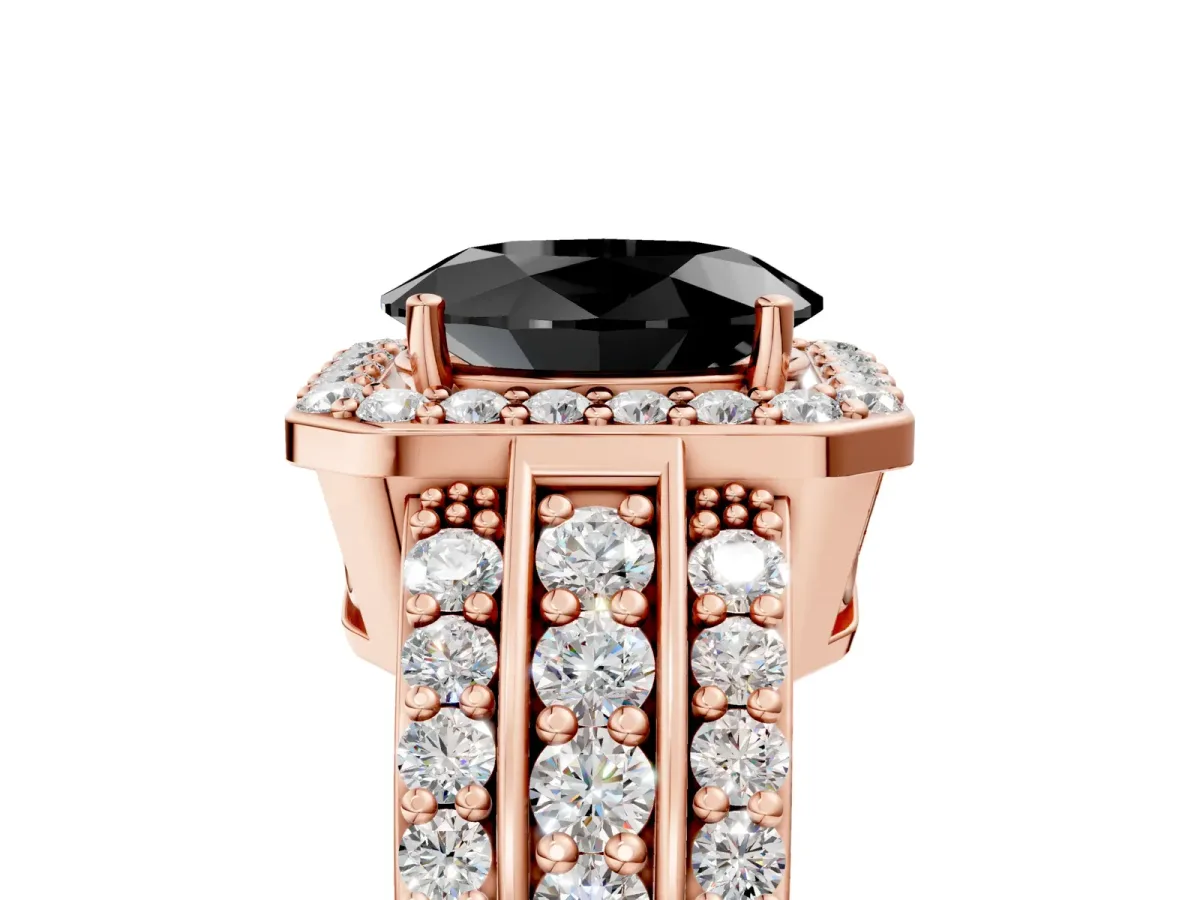 Fancy Black Oval Cut Halo Diamond Ring with Round Split Shank and Prong Setting Rose gold