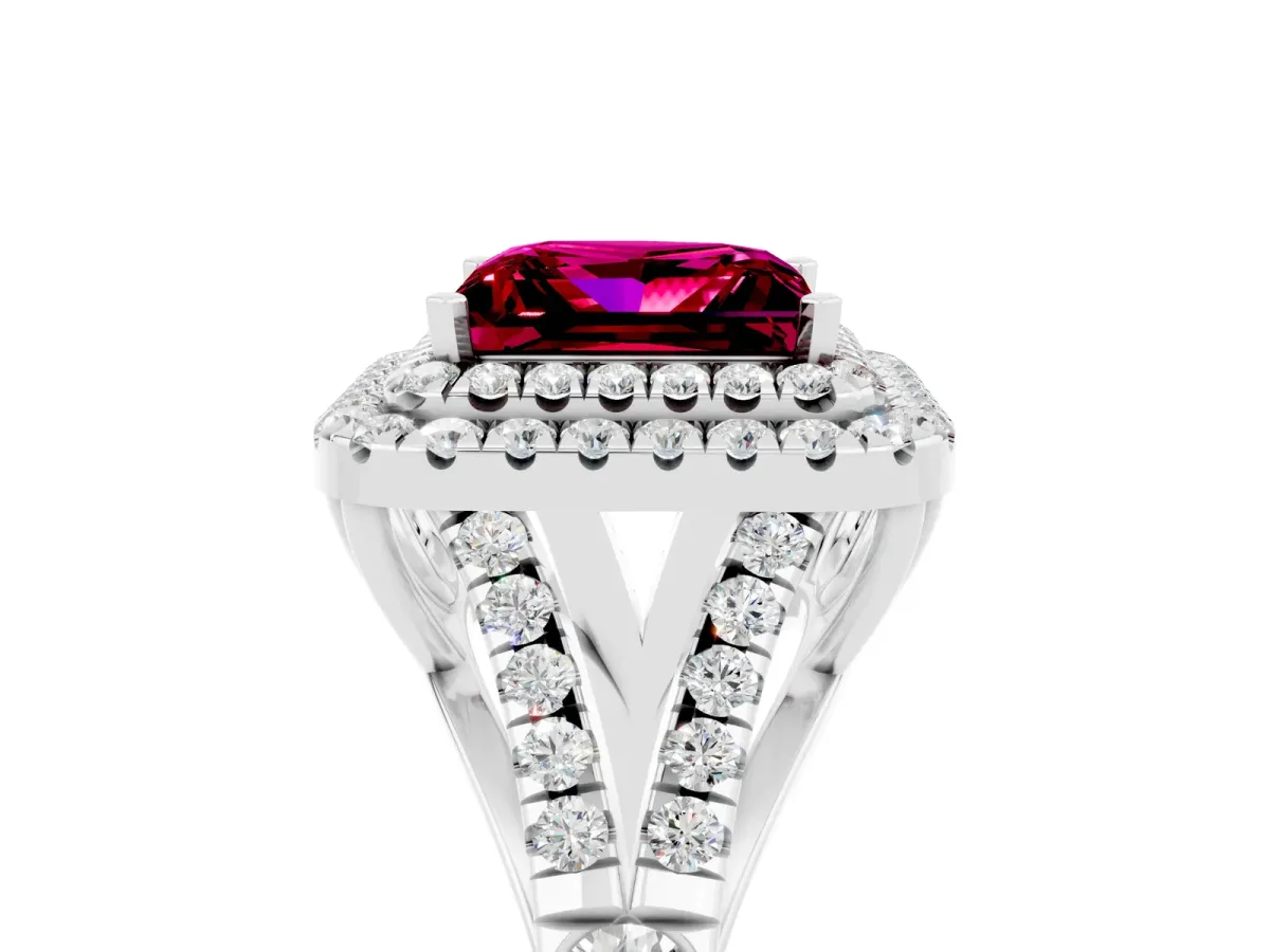 Double Halo Princess Cut Garnet Split Shank Engagement Ring with Four-Prong Setting White gold