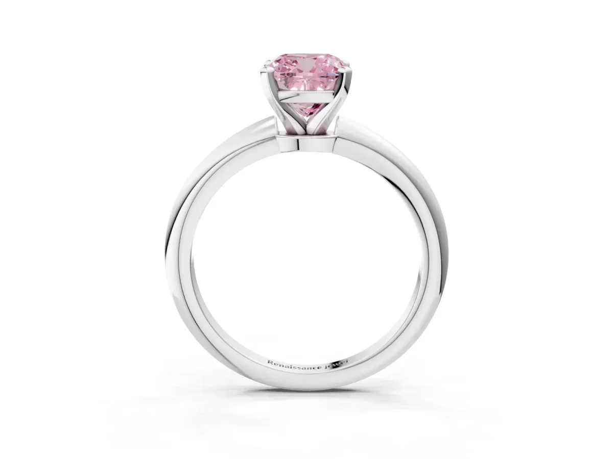 Fancy Pink Cushion Cut Diamond Solitaire Ring with Six-Prong Setting and Classic Band Silver