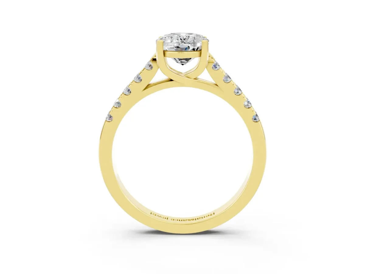 Oval Cut Moissanite Pavé Band Solitaire Ring with Prong Setting Yellow gold