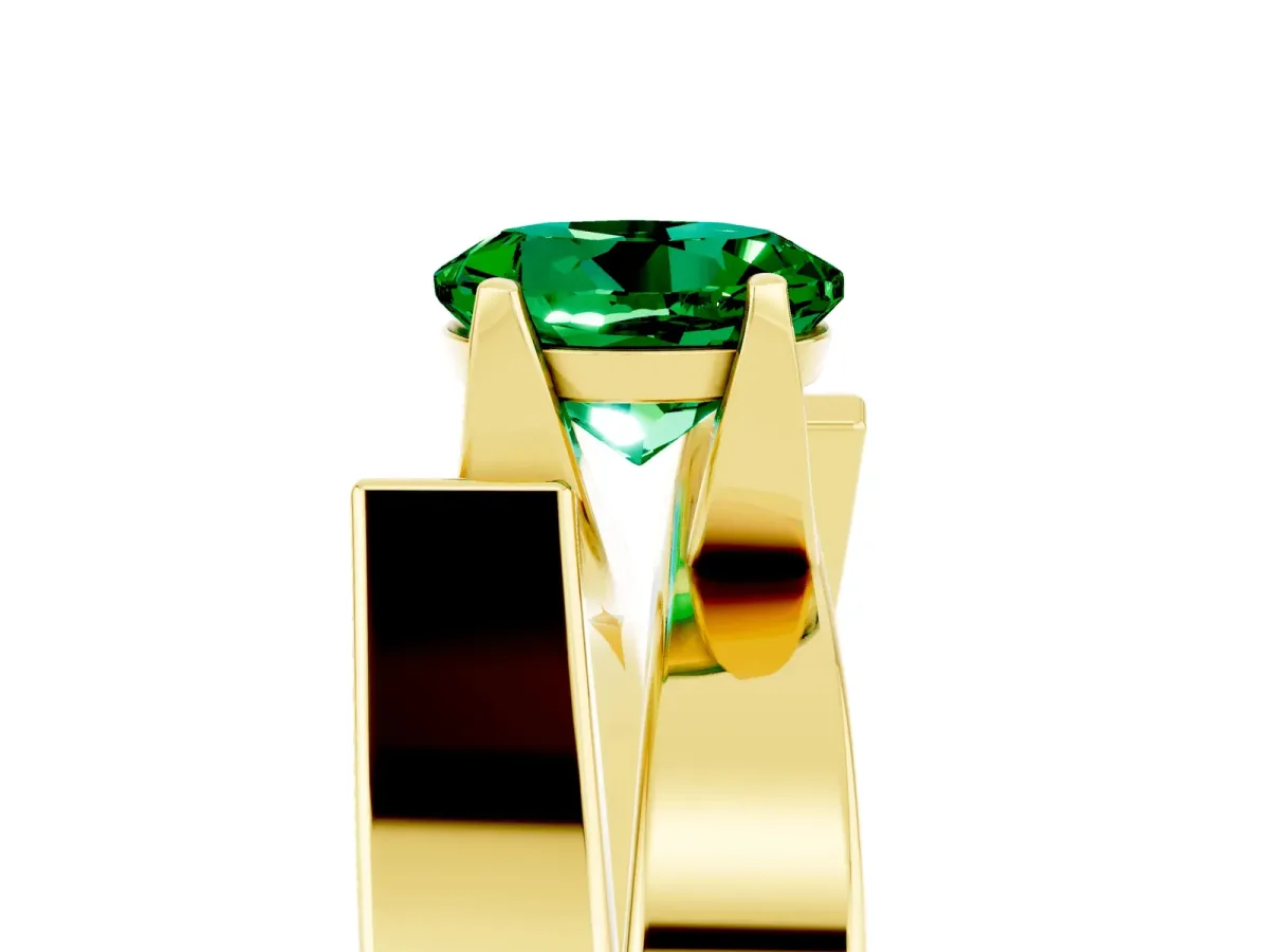 Modern Tension Set Round Cut Emerald Solitaire Wide Band Ring Yellow gold