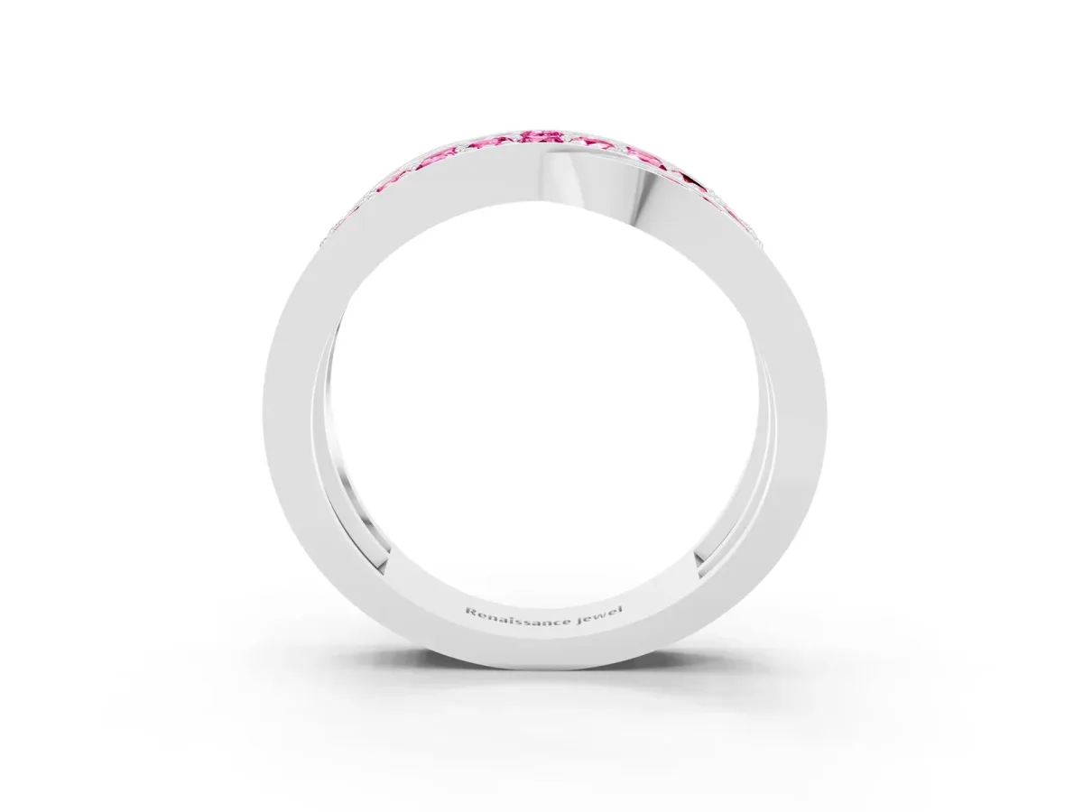 Pavé Round Pink Sapphire Crossover Band with Bead Prong Setting Silver