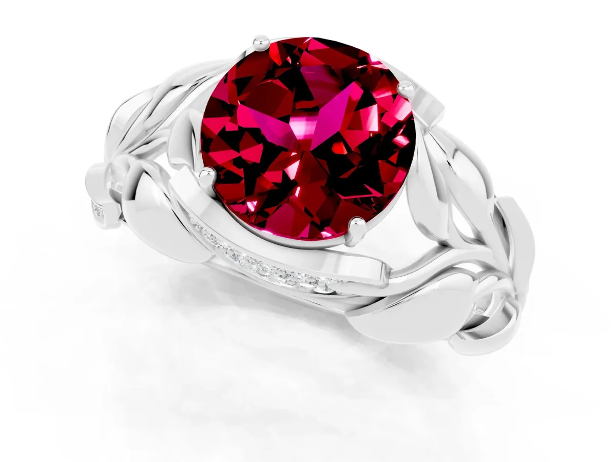 Round Cut Garnet Leaf-Inspired Engagement Ring with Round Accents and Prong Setting Silver