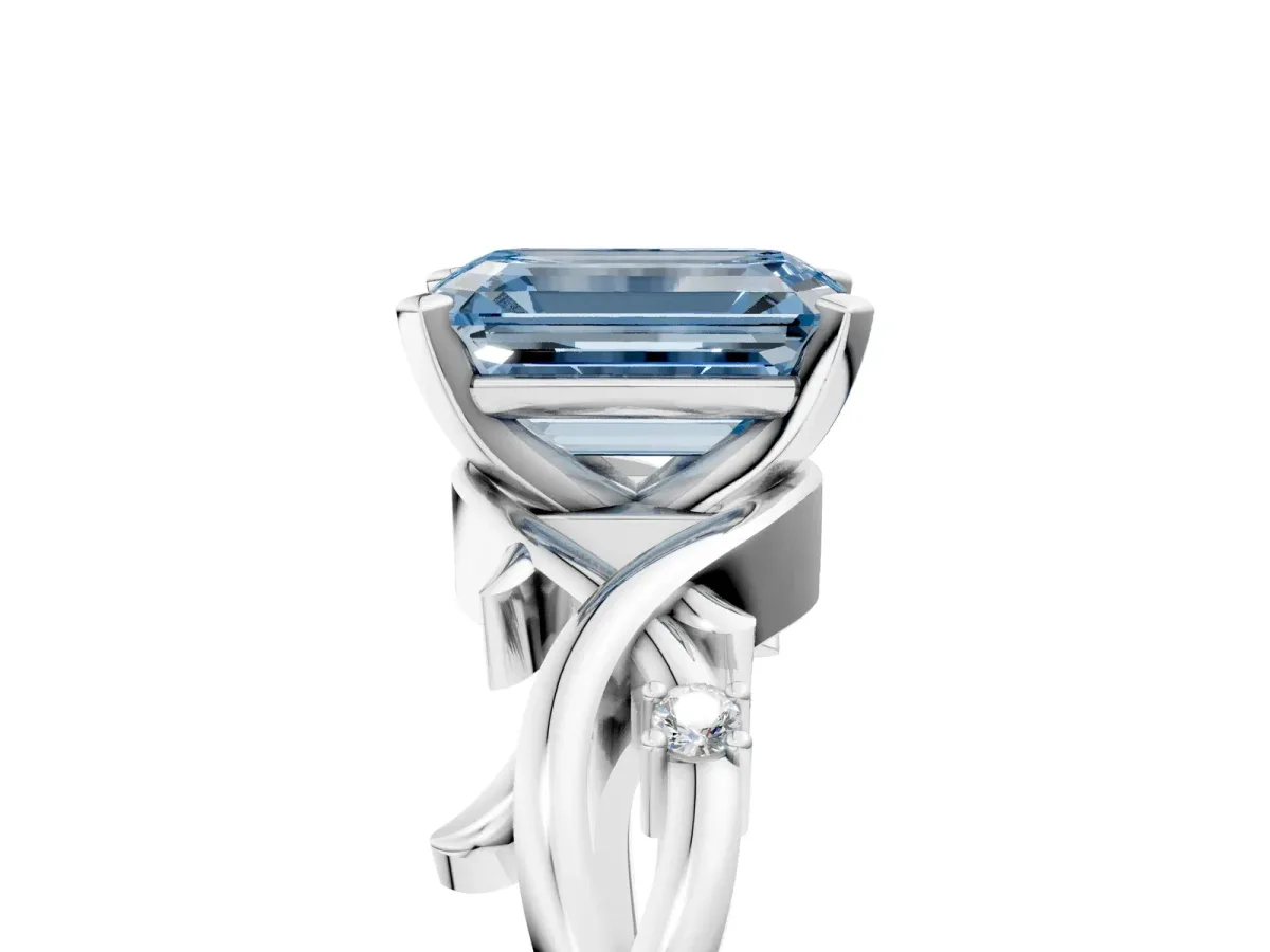 Fancy Blue Emerald Cut Diamond Solitaire Ring with Twisted Band and Prong Setting White gold