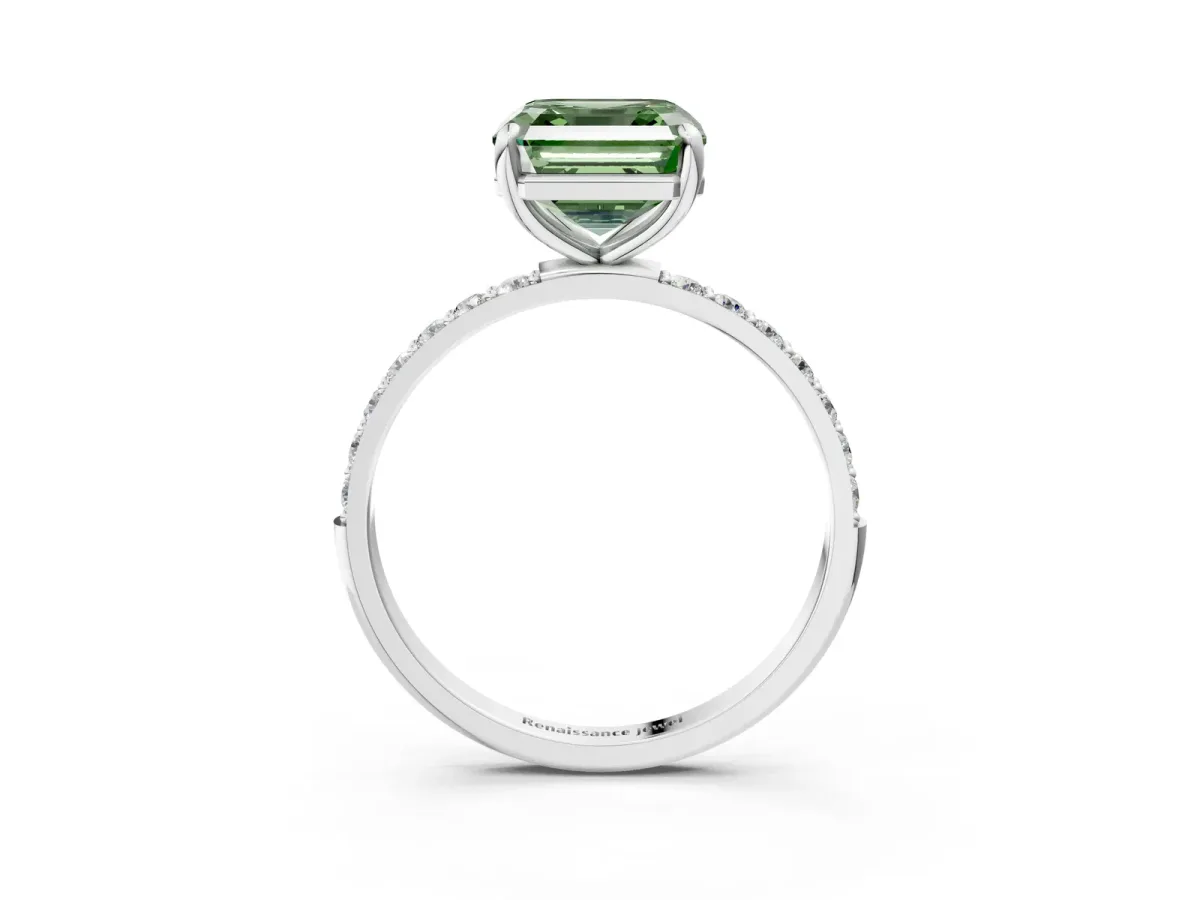 Fancy Green Asscher Cut Diamond Solitaire Ring with Round Pavé Band and Prong Setting Silver