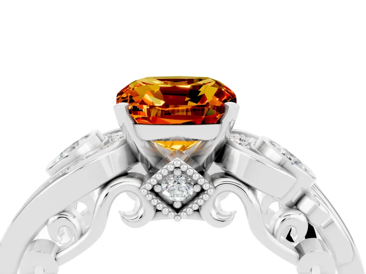 Cushion Cut Citrine Solitaire Ring with Milgrain Pavé Band and Four-Prong Setting Silver