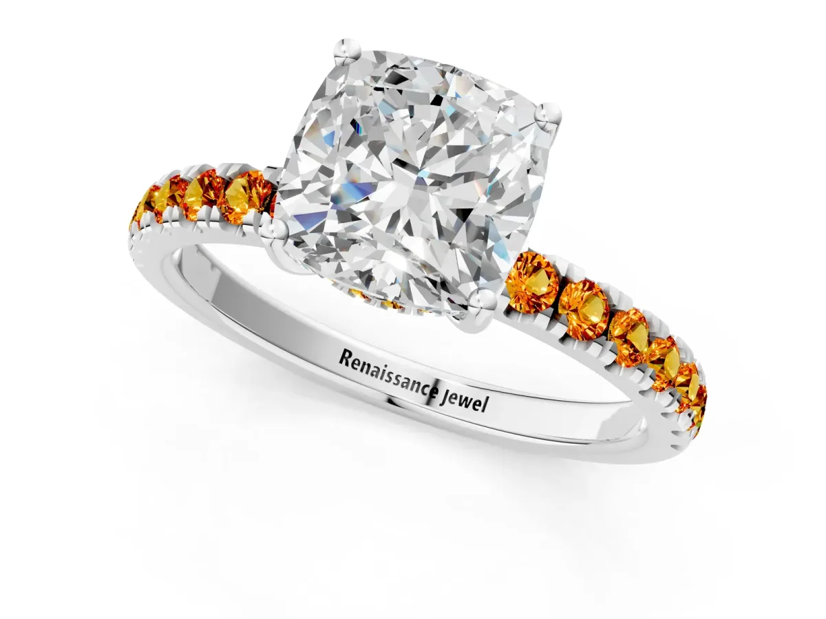 Cushion Cut Diamond Pave Band Solitaire Ring with Round Citrine and Prong Setting Platinum