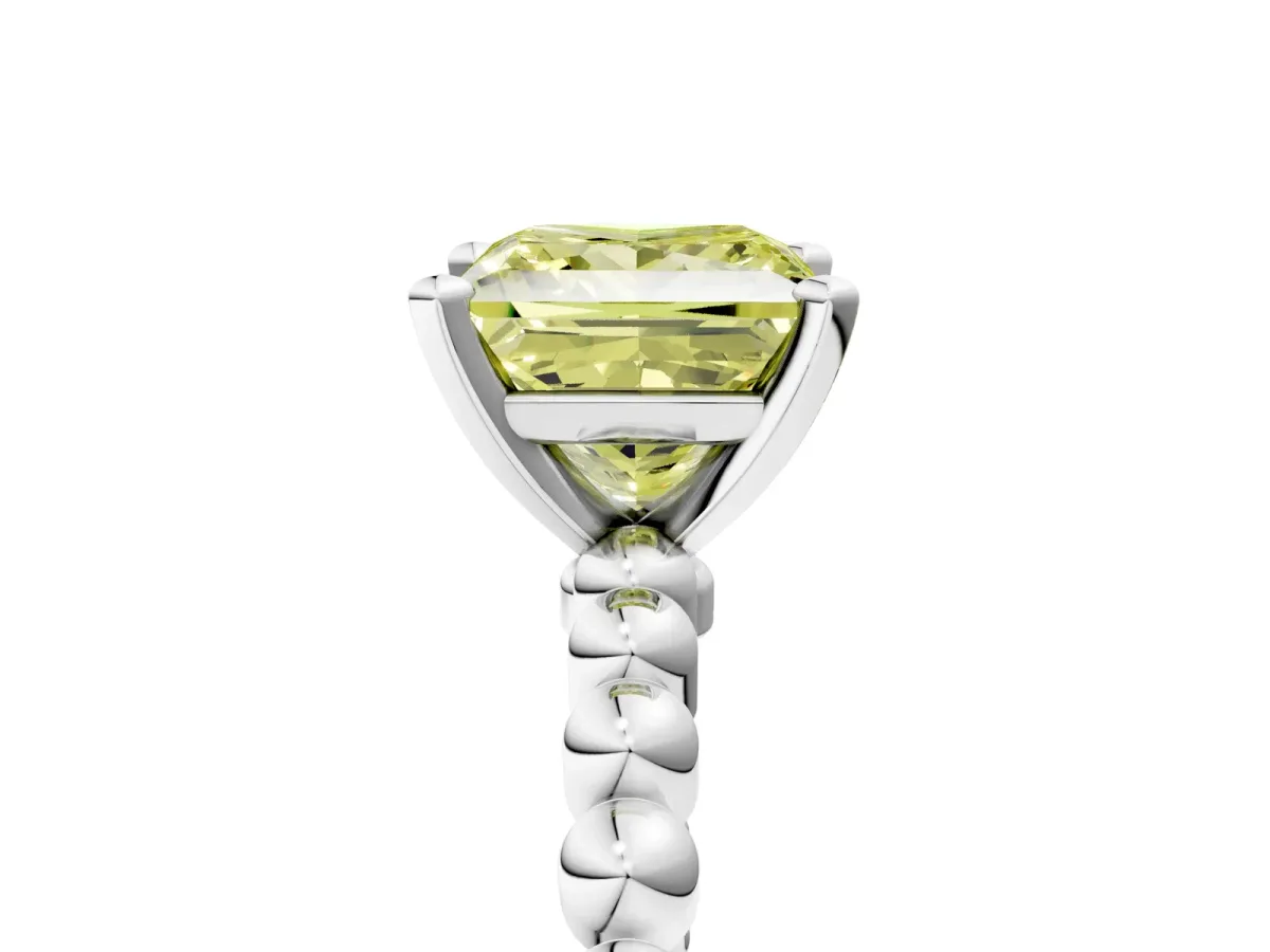 Fancy Yellow Princess Cut Diamond Solitaire Ring with Beaded Band and Prong Setting Silver