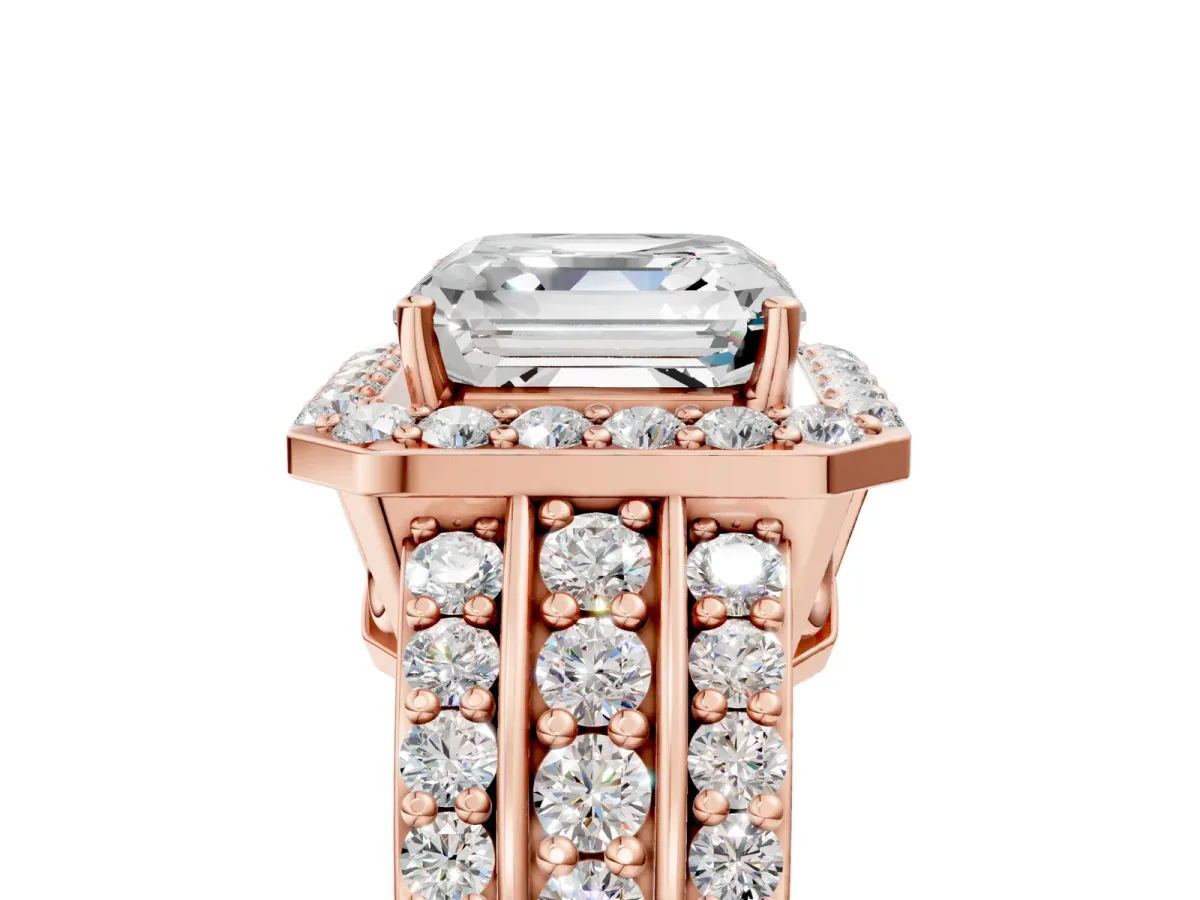 Asscher Cut Halo Diamond Ring with Round Split Shank and Prong Setting Rose gold