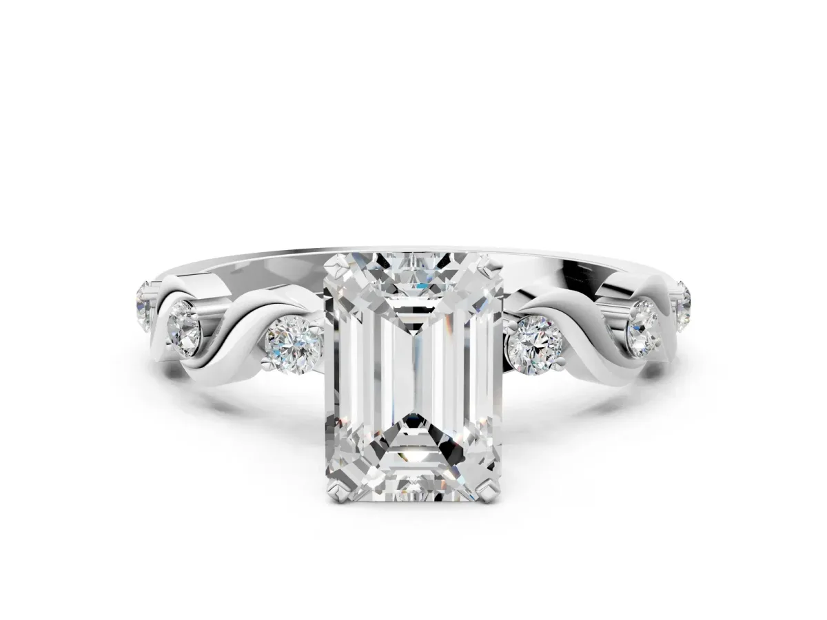 Emerald Cut Diamond Solitaire Twisted Band with Round Accents and Prong Setting Silver