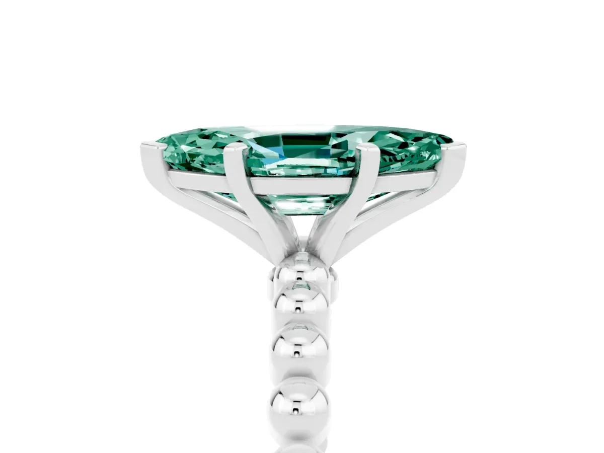 Marquise Cut Green Sapphire Solitaire Ring with Beaded Band and Prong Setting Silver