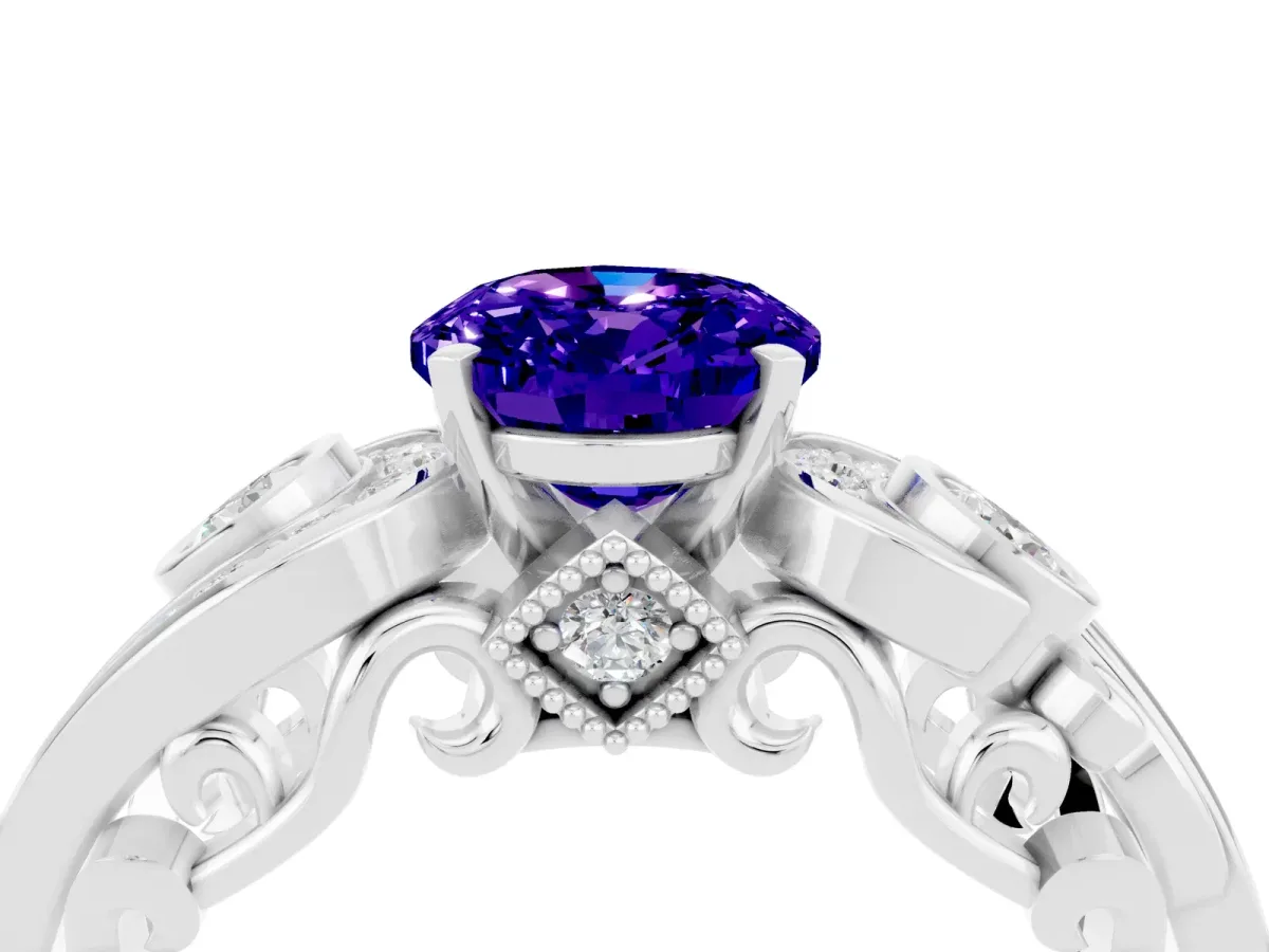 Oval Cut Tanzanite Solitaire Ring with Milgrain Pavé Band and Four-Prong Setting Silver