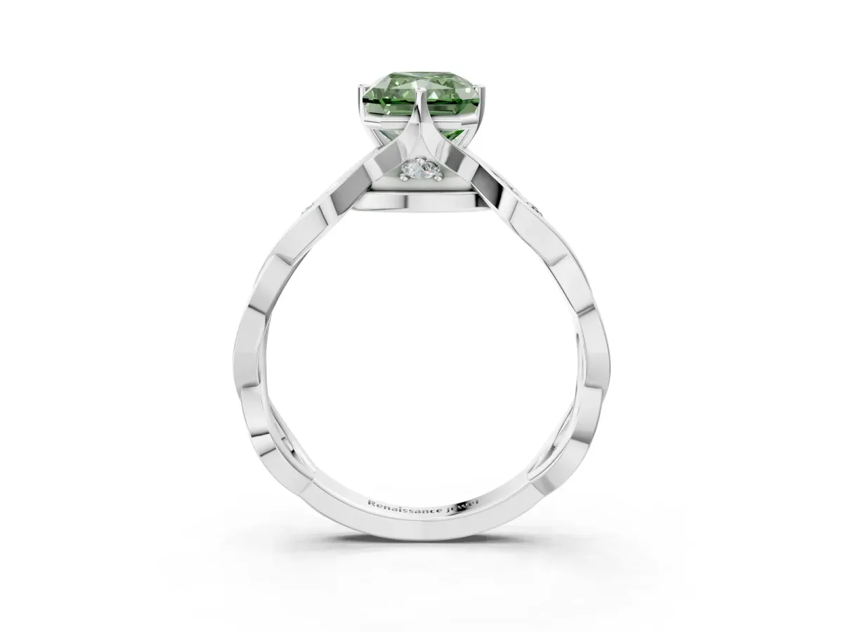 Fancy Green Radiant Cut Solitaire Twist Band with Leaf Prong Setting Platinum