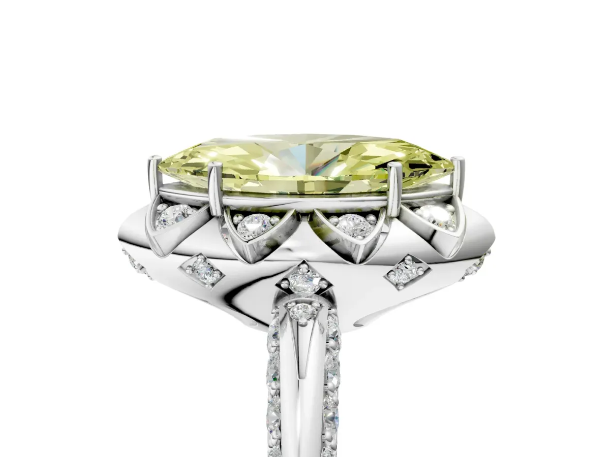 Fancy Yellow Marquise Cut Halo Split Shank Pave Diamond Ring with Petal Prong Setting Platinum