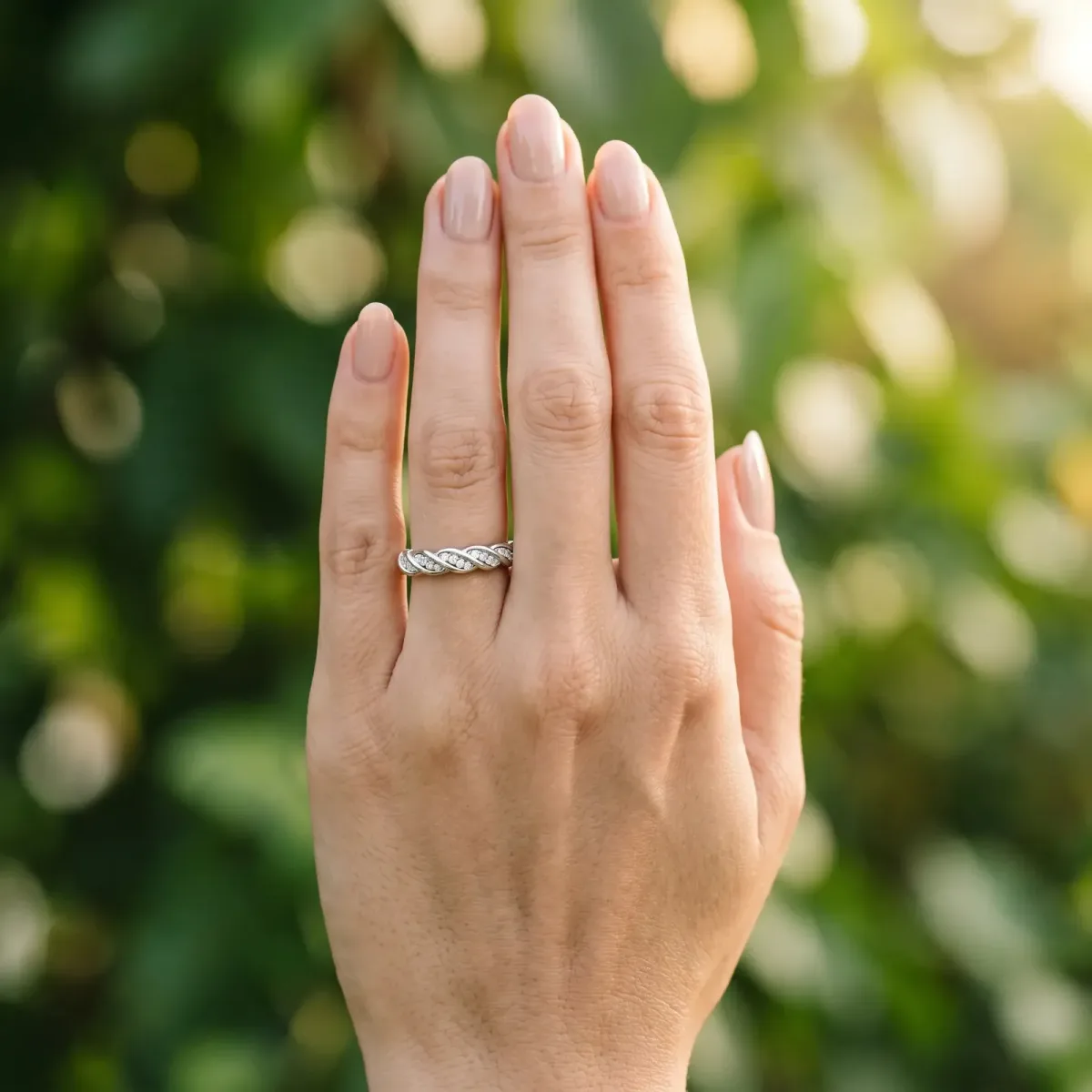 Twisted Pavé Round Diamond Eternity Band with Shared Prong Setting White gold