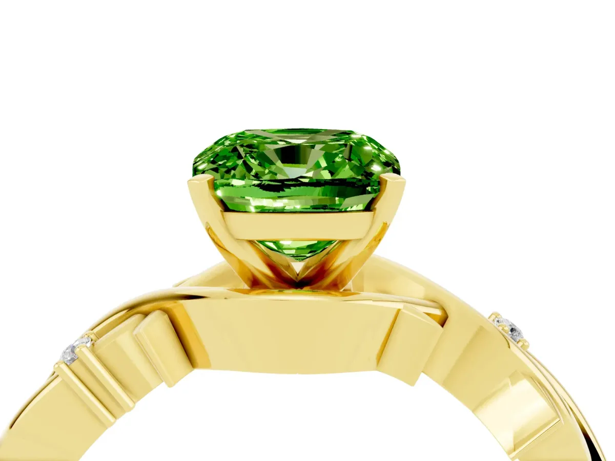 Cushion Cut Peridot Solitaire Ring with Twisted Band and Prong Setting Yellow gold
