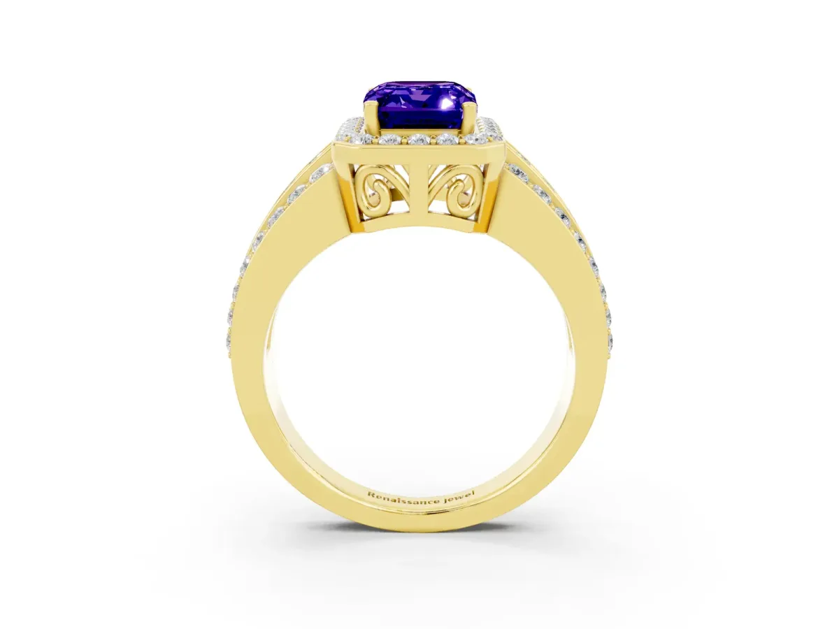 Emerald Cut Halo Tanzanite Ring with Round Split Shank and Prong Setting Yellow gold