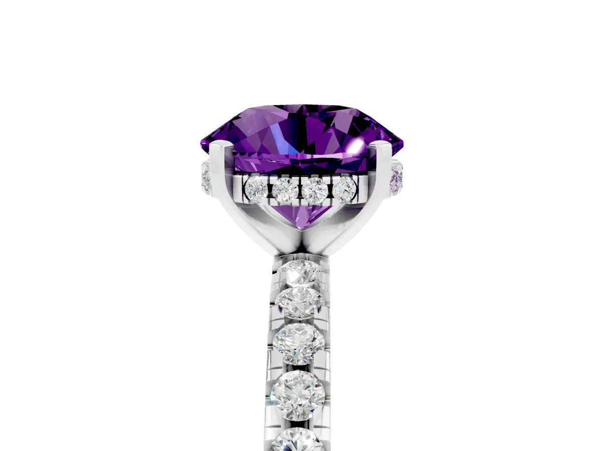 Round Cut Amethyst Solitaire Ring with Round Pavé Band and Four-Prong Setting Silver