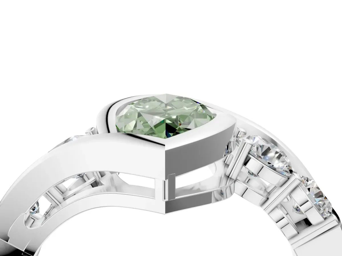 Fancy Green Bezel Set Marquise Cut Diamond Bypass Ring with Round Accents Silver