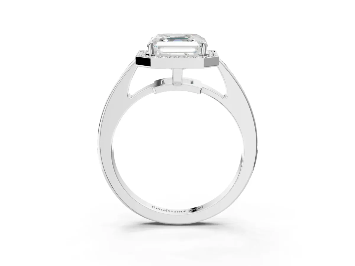 Asscher Cut Halo Pavé Diamond Engagement Ring with Bezel Setting Silver
