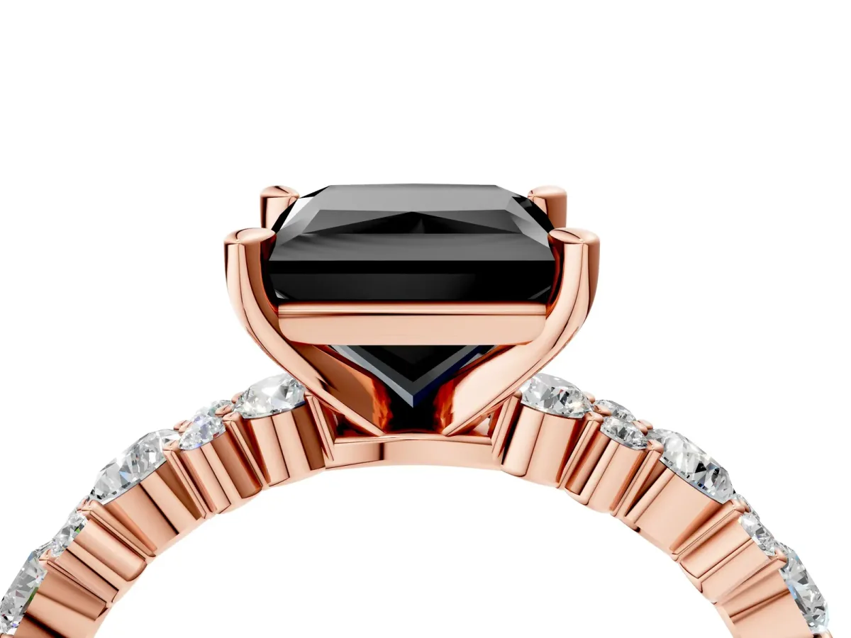 Fancy Black Princess Cut Diamond Side Stone Solitaire Ring with Round and Four-Prong Setting Rose gold